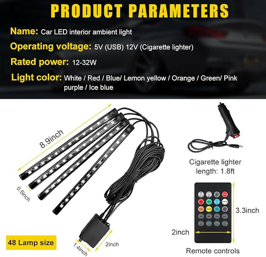 povtii Car Led Interior Lights, RBG 48 LED Multicolor Music Auto Interior Strip Light with Remote Control, Waterproof Lighting Lamp Kit Under Dash with Charger, Car Accessories (Cigarette Lighter)