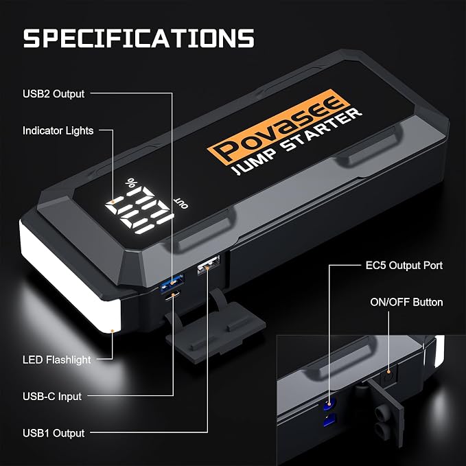 Povasee 4000A Jump Starter 12V Battery Jumper Starter(10L Gas 10L Diesel Engine),Car Battery Jump Starter with 3" LCD Display, Power Bank/Dual Output/LED Light