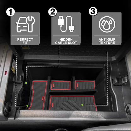Muslogy Center Console Organizer Compatible with 2026 Toyota RAV4 Accessories Middle Console Divider Storage Box Armrest Insert Tray with Anti-Slip Mats (Red)