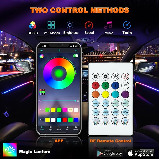 Jushope Interior Car LED Strip Lights, Acrylic LED Lights for Car with Dynamic Dreamcolor Chasing, Ambient Lighting Kits Music Sync Wireless APP and RF Remote Control (8 in 1)