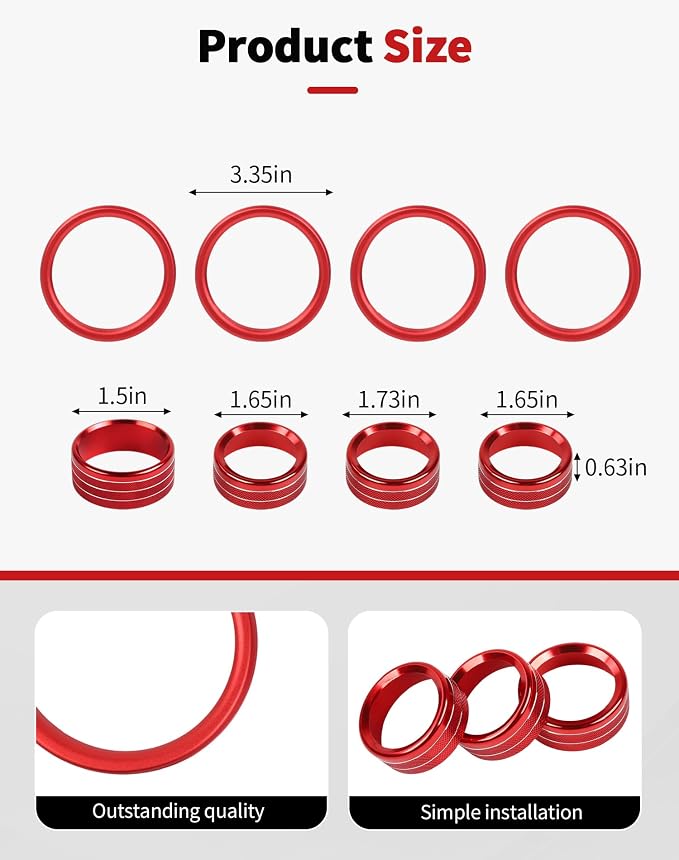 JWWY JL AC Air Vent Trim Rings & Dashboard Headlight Switch Decor Switch Knob Cover Kit Fit for 2018-2023 Jeep Wrangler JL JLU Interior Accessories, Aluminum Alloy 8PCS Red