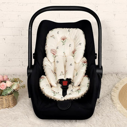Infant Car Seat Insert with 2 Strap Pads, Super Soft Carseat Head and Body Support for Baby Boys and Girls, Reversible Newborn Car Seat Insert Cushion for Strollers, Bouncers, Swing, Simple flowers