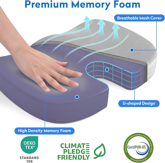 CushZone Seat Cushion, Office Chair Cushions, Car Seat Cushion, Non-Slip Sciatica & Back Coccyx Tailbone Pain Relief Chair Pad, Memory Foam(Light Grey)
