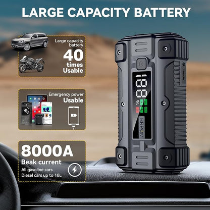 Car Jump Starter, 8000A Peak (Up to All Gas or 10.0L Diesel Engine, 50 Times) 12V Auto Booster Battery Charger Jump Box with Quick Charger Smart Jump Cables with LED Screen