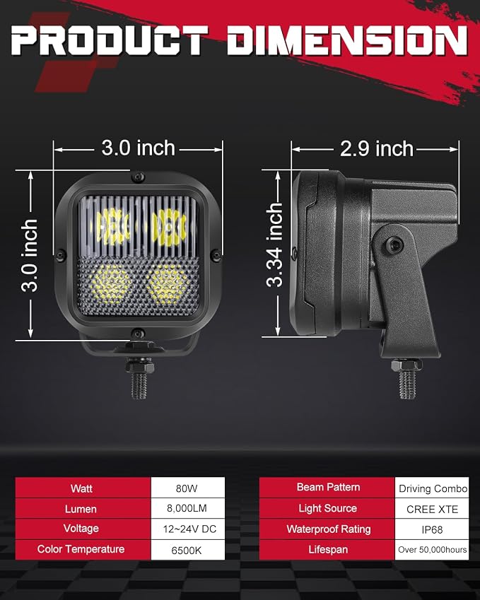 LED Pods, OFFROADTOWN 3inch 80W CREE LED Pods Off Road Driving Fog Lights Cubes Backup Reverse Camper Lights for Truck Pickup Dirt Bike UTV ATV SUV Camper Boat 4x4 Car - Driving Combo Beam