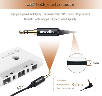 arsvita Car Audio Cassette to Aux Adapter, 3.5 MM Auxillary Cable Tape Adapter