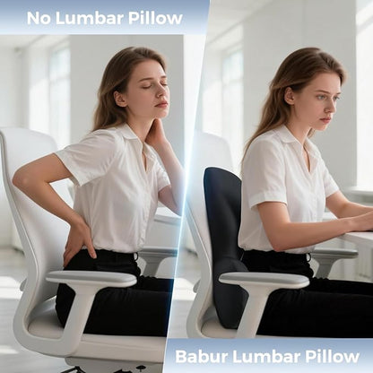BABUR Wide Memory Foam Lumbar Support Pillow for Car Seat, Office Chair, Couch & Sofa - Ergonomic Back Cushion with Machine Washable Removable Cover, Lower Back Relief, Black