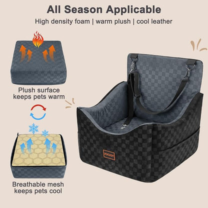 JOEJOY Elevated Dog Car Seat for Small/Medium Dogs up to 35 lbs, Memory Foam Booster Seat with Detachable Washable Cover, Travel-Safe Car Bed with Safety Belts & Storage Pockets, Dark Grey