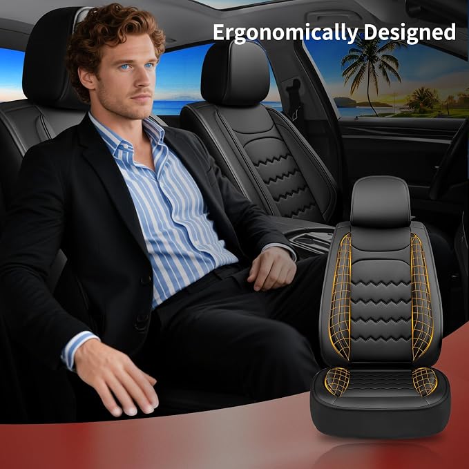 Focus Car Seat Covers Custom Fit for Ford Focus 2009-2018, Premium Full Coverage Leather Automotive Seat Protectors, All Seasons Waterproof Breathable, Airbag Compatible (2 Front Seats, Black)