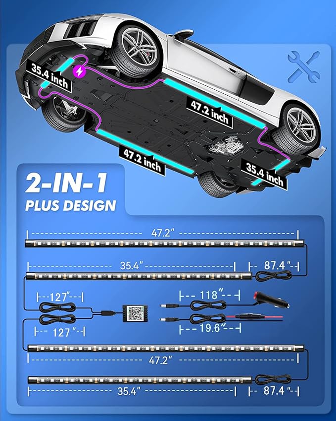 LED Underglow Kit for Car, 16 Million RGB Colors 29 Modes, APP + Remote Control, Music Sync & DIY Mode, Waterproof Under Car Lights Exterior for SUVs Trucks, DC 12V