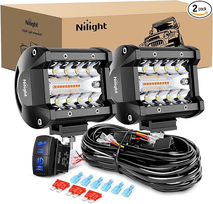 Nilight 4Inch Off-Road LED Light Bar, 2PCS 60W 3 Lighting Modes (White/Amber/White&Amber) Driving Fog Light Spot Flood Lights with 18AWG Wiring Harness for Truck Car ATV SUV Jeep Boat