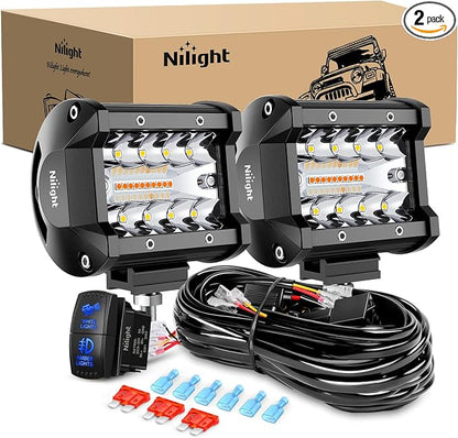 Nilight 4Inch Off-Road LED Light Bar, 2PCS 60W 3 Lighting Modes (White/Amber/White&Amber) Driving Fog Light Spot Flood Lights with 18AWG Wiring Harness for Truck Car ATV SUV Jeep Boat