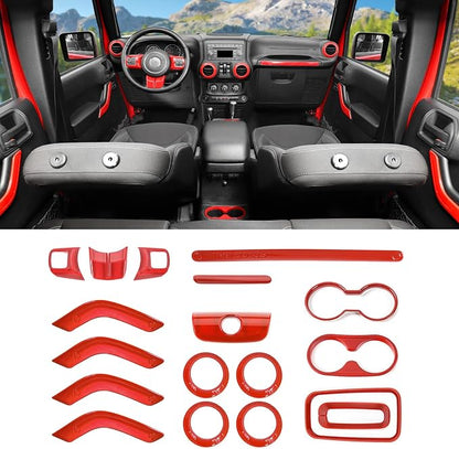 18PCS Full Set Interior Trim Kit for Jeep Wrangler JK JKU 2011-2018 4 Door,Center Console Door Handle Side Outlet Cup Holder Gear Cover Trim (Red)