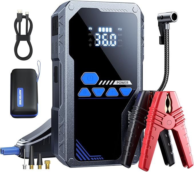 AUTOONE JWA2 Jump Starter with Air Compressor (All Gas/12L Diesel), 150PSI Car Jumper Starter Portable, Jump Box Tire Inflator with LED Flashlight, LCD Display, Storage Case