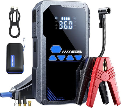 AUTOONE JWA2 Jump Starter with Air Compressor (All Gas/12L Diesel), 150PSI Car Jumper Starter Portable, Jump Box Tire Inflator with LED Flashlight, LCD Display, Storage Case