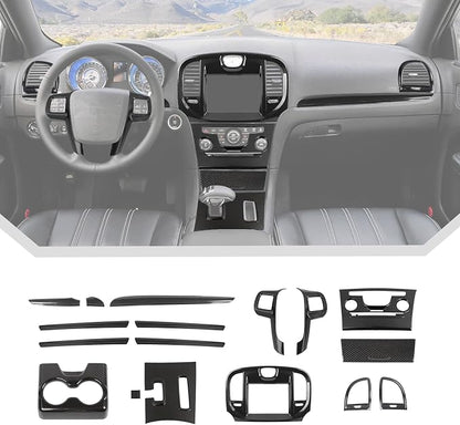 JeCar 17pcs Full Set Carbon Fiber Interior Trim Accessories for 2011-2014 Chrysler 300/300C - Center Console, Dashboard, Rear Cup Holder Panel Decoration Upgrade