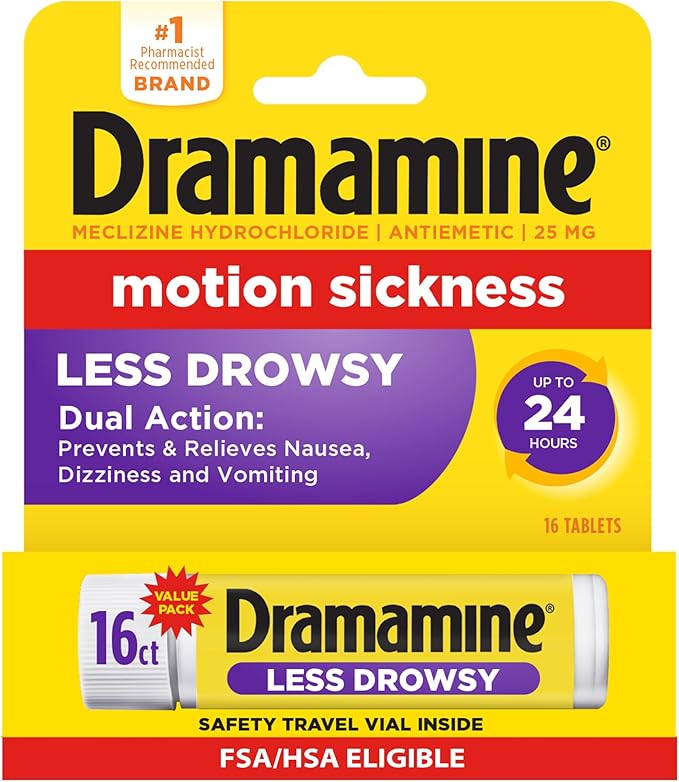 Dramamine Motion Sickness Less Drowsy, for Nausea Relief During Travel, 16 Count