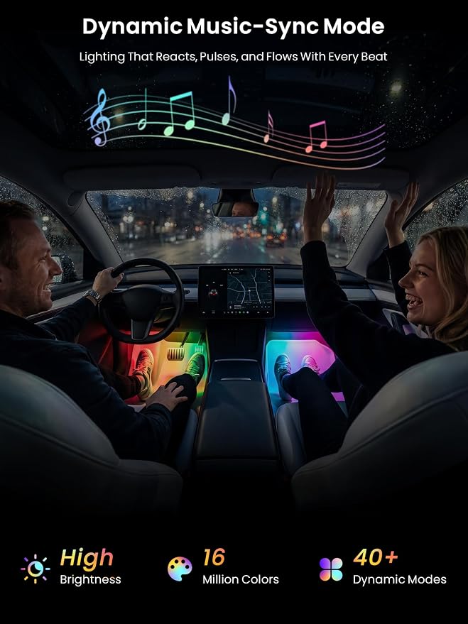 Car LED Lights Interior, 16M Colors APP & CarPlay Control, Music Sync Ambient Lighting Kit, Auto-On/Off，Voltage Protection, Brightness Dimmer 12V DC LED Strip Lights for Car, Truck, SUV