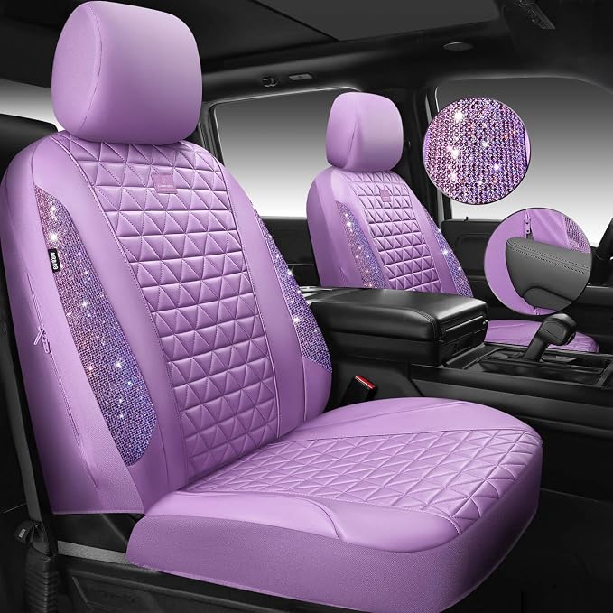 CAR PASS Light Purple Bling Diamond Leather Car Seat Covers Full Sets, Waterproof Shining Glitter Sparkly Crystal Universal Armrest Fit for Automotive Truck SUV Cute Women Girl,Lavender Rhinestone