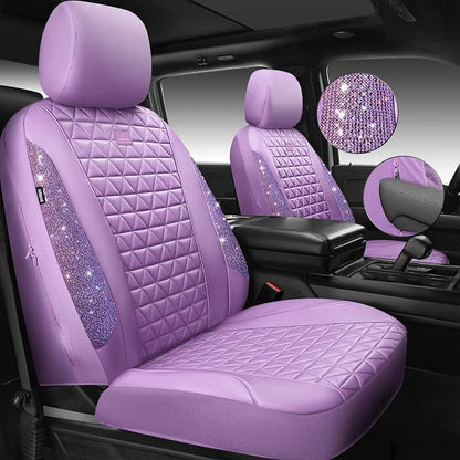 CAR PASS Light Purple Bling Diamond Leather Car Seat Covers Full Sets, Waterproof Shining Glitter Sparkly Crystal Universal Armrest Fit for Automotive Truck SUV Cute Women Girl,Lavender Rhinestone