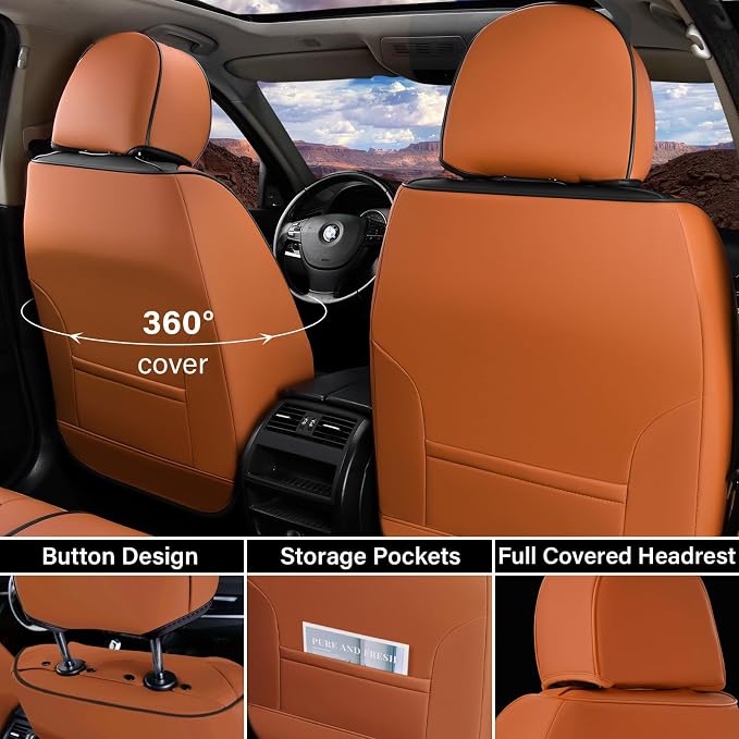 Coverado Car Seat Covers Front, Seat Covers for Cars, Waterproof Car Seat Cushions, 2-Pack Leather Carseat Seat Protectors, Universal Seat Covers Fit for Most Sedans SUV Pick-up Trucks(Brown&Black)