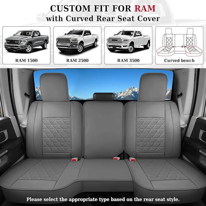 Coverado Dodge Ram Seat Cover Full Set, Waterproof Ram 1500 Seat Cover Compatible with 2002-2026 Dodge RAM 1500 2500 3500 Crew Quad Cab with Curved Bench, Dark Gray