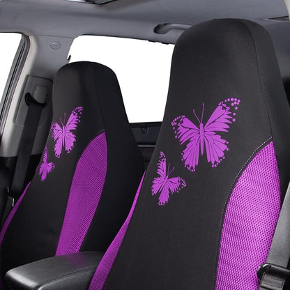 Flying Banner Butterfly car seat Covers ful Set Fashion Universal Lady Woman Female Rear Bench Split Colorized (2 Fronts, Purple)