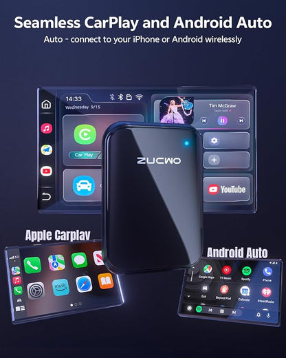 ZUCWO Wireless CarPlay Adapter Video Box with Android Auto, Convert Wired CarPlay to Wireless, Plug & Play Dongle for Cars 2016+, iOS 10+ & Android 11+,Gray