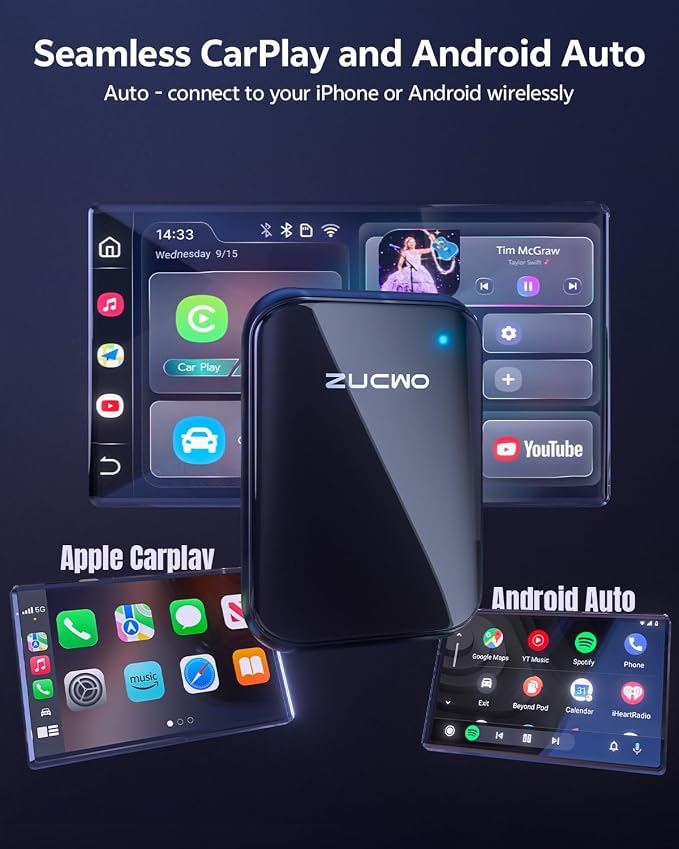 ZUCWO Wireless CarPlay Adapter Video Box with Android Auto, Convert Wired CarPlay to Wireless, Plug & Play Dongle for Cars 2016+, iOS 10+ & Android 11+, Blue