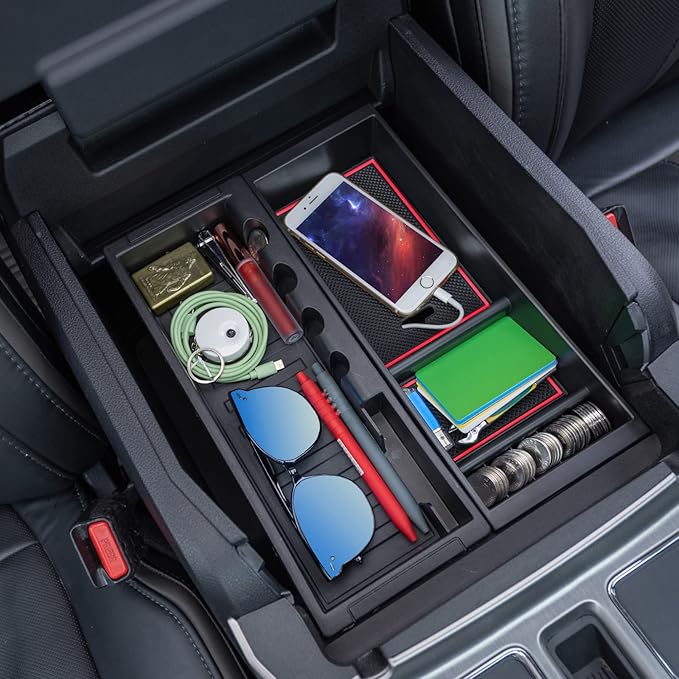 PIMCAR Center Console Organizer Tray for Ford F150 (2015-2020), Super Duty F250/F350/F450 (2017-2022), Expedition (2018-2024),ABS Plastic Single-Piece Design, Fits Factory Tray-Red Trim