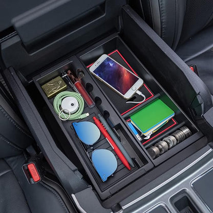 PIMCAR Center Console Organizer Tray for Ford F150 (2015-2020), Super Duty F250/F350/F450 (2017-2022), Expedition (2018-2024),ABS Plastic Single-Piece Design, Fits Factory Tray-Red Trim
