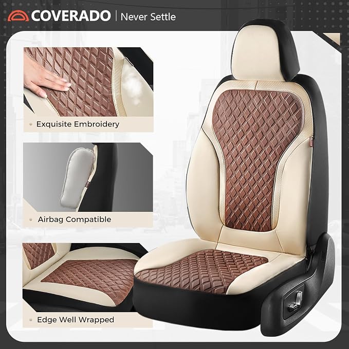 Coverado Car Seat Covers Full Set, Beige Brown Car Seat Covers, Luxury Diamond Leather Car Seat Cover with Carbon Fiber Weave, Spill-Proof Seat Cushions, Automotive Seat Cover Universal Fit Most Cars