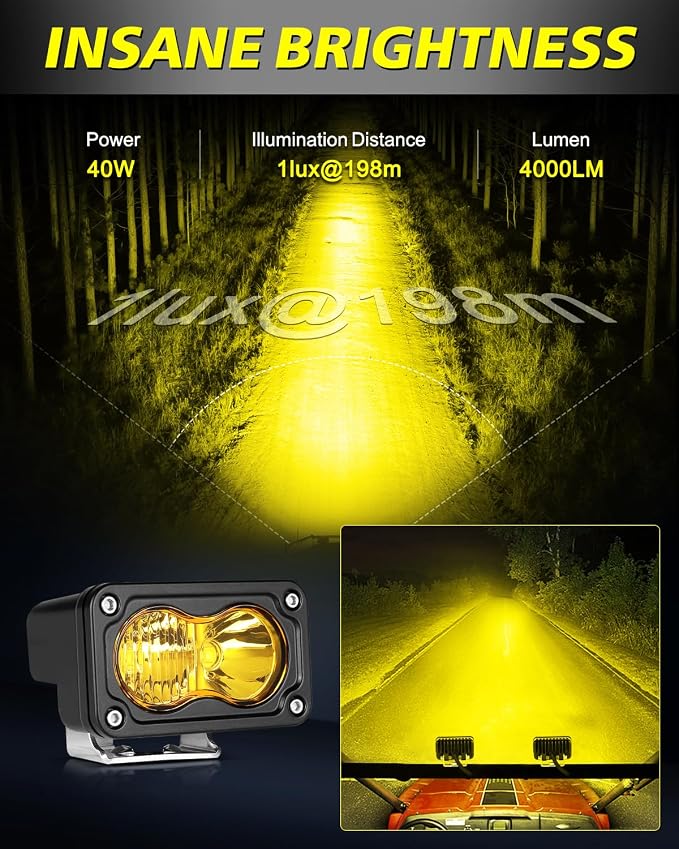 A bright yellow LED off-road vehicle light shown in a product cutout at bottom left, with a large demonstration scene of a glowing road at night and text reading 'INSANE BRIGHTNESS,' 'Power 40W,' 'Illumination Distance 11ux@198m,' and 'Lumen 4000LM.'.