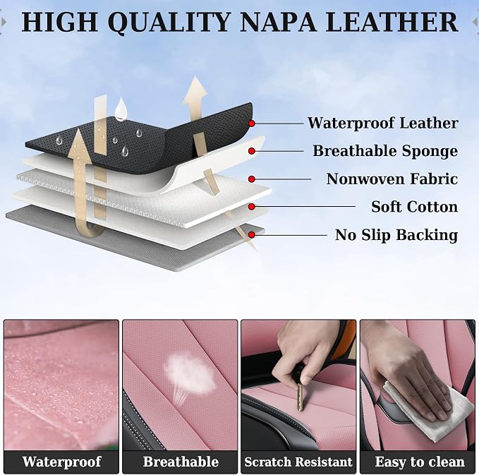 Coverado Universal Seat Covers Front, Universal Seat Covers for Cars, 2-Pack Waterproof Nappa Leather Car Seat Covers with Head Pillow, Auto Protectors Fit for Most Sedans Pick-up Truck-Black&Pink