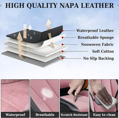 Coverado Universal Seat Covers Front, Universal Seat Covers for Cars, 2-Pack Waterproof Nappa Leather Car Seat Covers with Head Pillow, Auto Protectors Fit for Most Sedans Pick-up Truck-Black&Pink