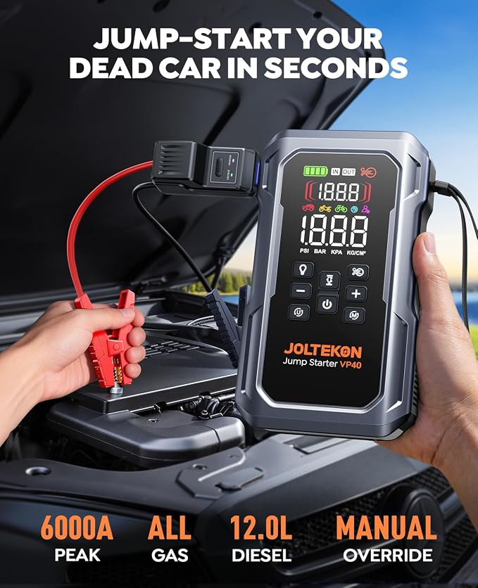 6000A 160PSI 9-in-1 Car Battery Jump Starter with Air Compressor & Air Blower (All Gas 12L Diesel), Battery Jumper Starter Portable Jump Box for Car Battery with 800LM Light/18W Fast Charge