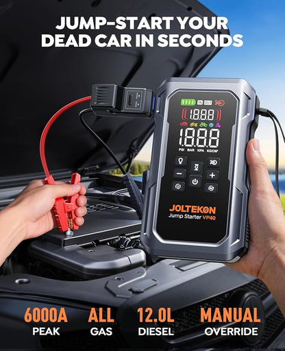6000A 160PSI 9-in-1 Car Battery Jump Starter with Air Compressor & Air Blower (All Gas 12L Diesel), Battery Jumper Starter Portable Jump Box for Car Battery with 800LM Light/18W Fast Charge