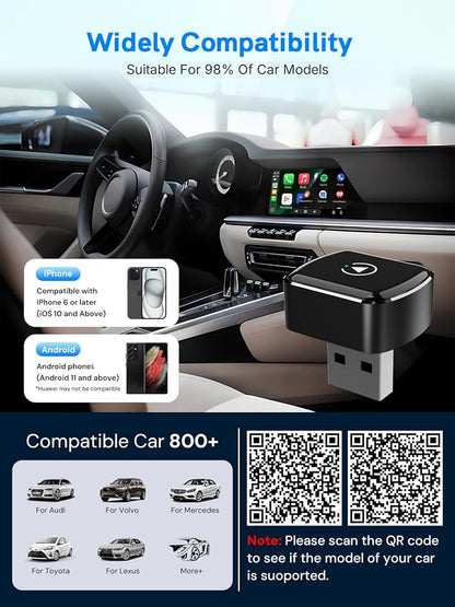 Wireless CarPlay Adapter for Apple iPhone， Mini car Play Android Auto Adapter，Converts Wired to Wireless CarPlay ， Multi-User Plug & Play Dongle No Latency，for iOS 10+&Android 11 (Black)