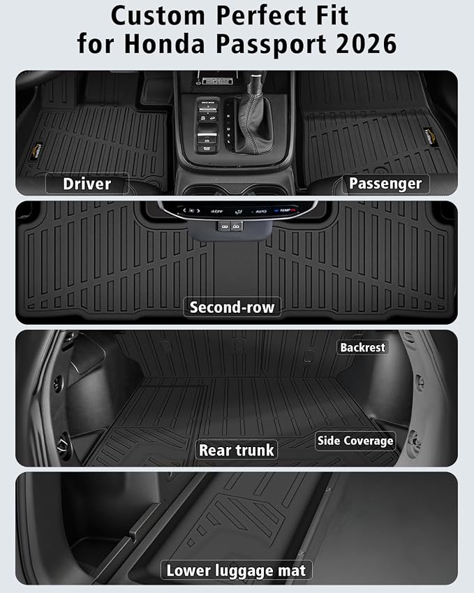 Floor Mats Custom for Honda Passport 2026 Trunk Mat with Backrest Mat All Weather TPE Rubber Cargo Liner Full Set Floor Liners for Passport Accessories (Trunk Mat+Backrest Mats+Floor Mats)