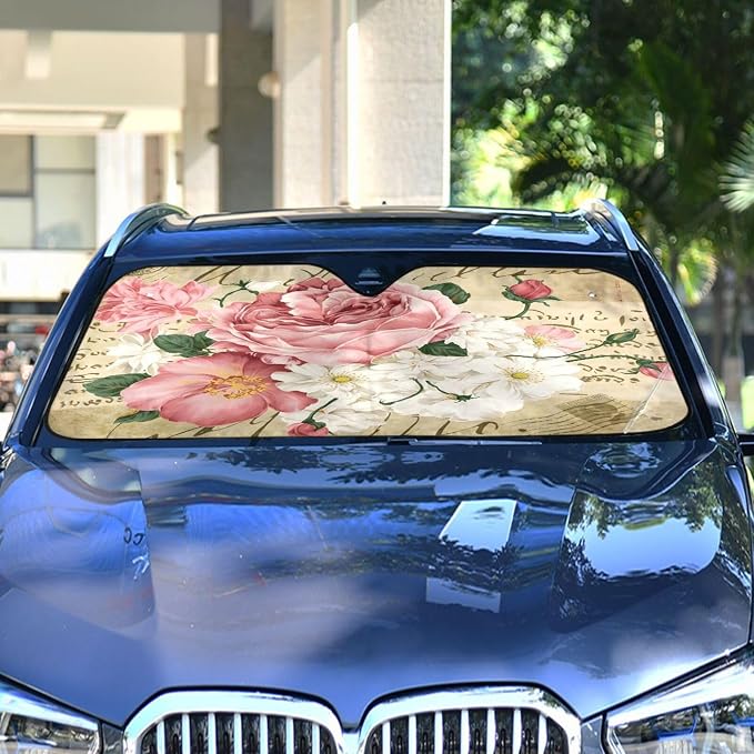 Vintage Shabby Chic Pink Rose Floral Car Windshield Sunshade,Foldable Car Sun Shade for Front Windshield Sunshades Protector Blocks UV Rays Sun Visor Protect and Cool Your Vehicle Interior