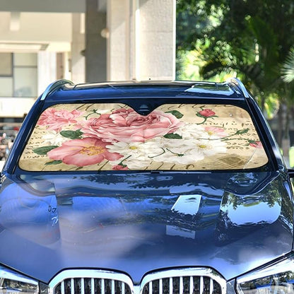 Vintage Shabby Chic Pink Rose Floral Car Windshield Sunshade,Foldable Car Sun Shade for Front Windshield Sunshades Protector Blocks UV Rays Sun Visor Protect and Cool Your Vehicle Interior