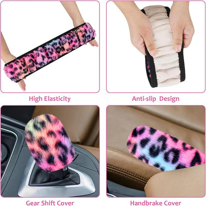 Accmor Fuzzy Car Steering Wheel Cover, Universal Fit Fluffy Auto Wheel Cover & Handbrake Cover & Gear Shift Cover Set, Leopard Print, Car Steering Wheel Cover Protector for Women Girls (Colorful)