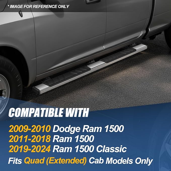 Auto Dynasty Flat Running Boards Compatible with 2009-2024 Dodge Ram 1500 Truck Extended/Quad Cab, Stainless Steel Side Step Rail Nerf Bars, 5" Step Bars, Polished Chrome