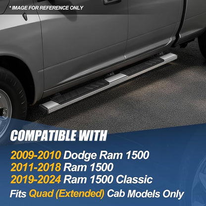 Auto Dynasty Flat Running Boards Compatible with 2009-2024 Dodge Ram 1500 Truck Extended/Quad Cab, Stainless Steel Side Step Rail Nerf Bars, 5" Step Bars, Polished Chrome