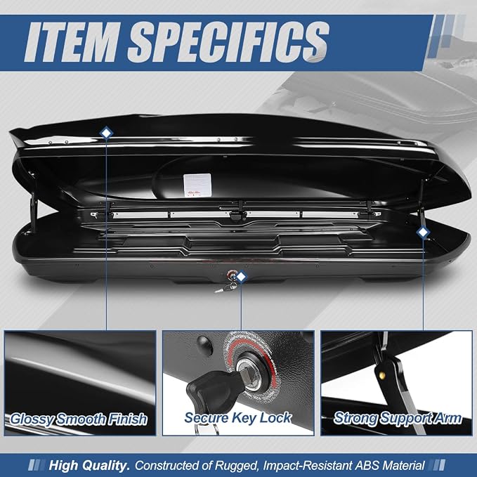 Auto Dynasty Hard Shell Roof Top Mount Car Storage Travel Luggage Box Cargo Carrier with Security Keys, 80 (L) x 30 (W) x 13 (H) Inches, Capacity 110 Pounds, 15 Cubic Feet (Tool-Free Install), Glossy