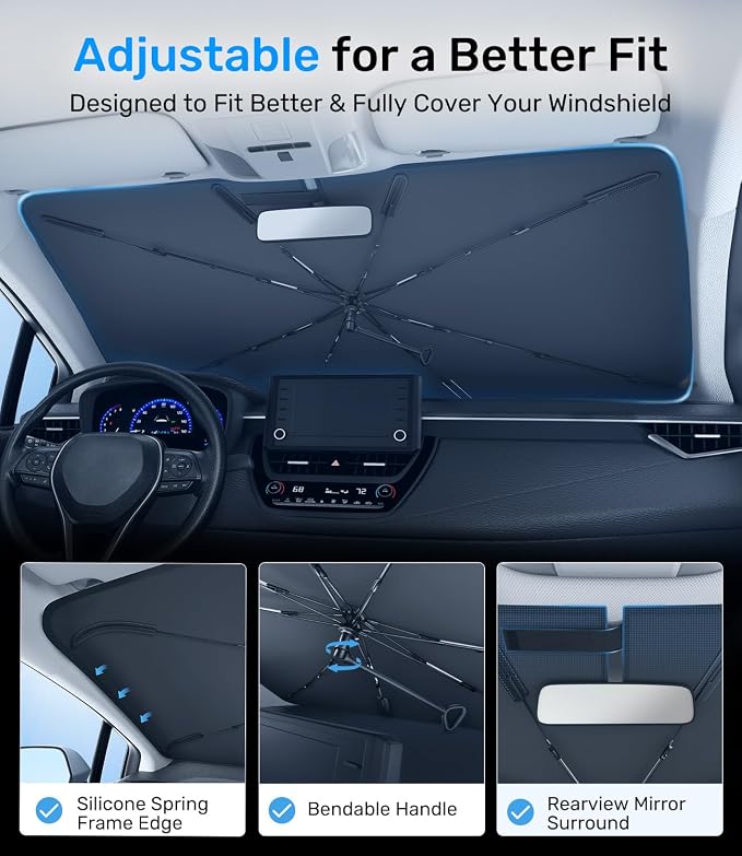 Zanch 2026 Upgraded Car Windshield Sun Shade [Cool Down by 75℉ ] with Heat Insulation Coating, Foldable Sunshade Umbrella with Flexible Handle & Ribs, Large (34''x61'') for Large SUV, Truck, Van