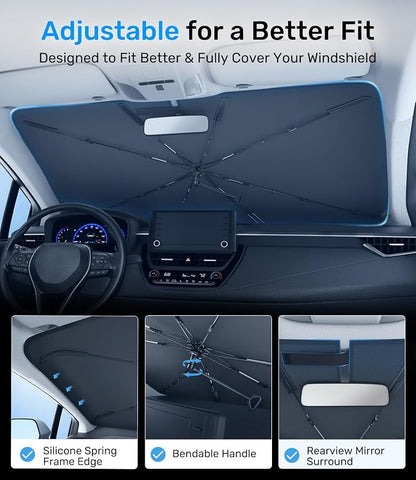 Zanch 2026 Upgraded Car Windshield Sun Shade [Cool Down by 75℉ ] with Heat Insulation Coating, Foldable Sunshade Umbrella with Flexible Handle & Ribs, Large (34''x61'') for Large SUV, Truck, Van