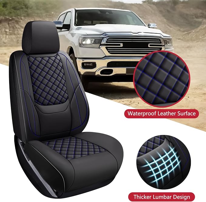 Ram 1500 Seat Covers 2009-2018 Full Set, Truck Interior Sets with Lumbar Support Custom Fit for Dodge Ram 1500/2500/3500 Crew/Quad/Mega Cab with Rear Curved Bench, Black Blue