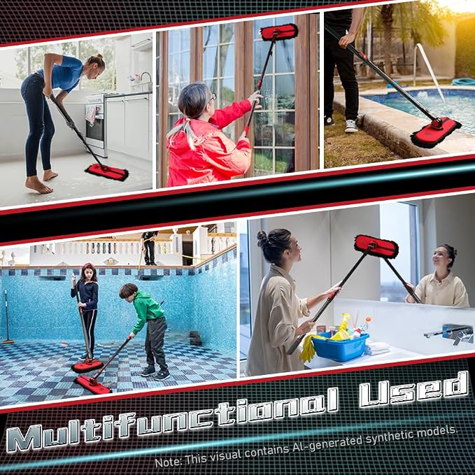 Car Duster Exterior with Extendable Handle, Scratch Free Auto Wash Brush Mop, Interior Detailing Kit for Truck RV Boat - 2in1-2 Heads (Chenille & Wax Cotton) with 1 Pole, Dark Red