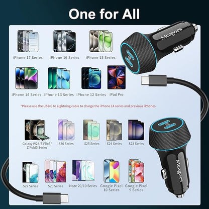 2 Pack 90W USB C Car Charger Super Fast Charging for iPhone 17 Pro Max/Air/16/15/iPad, Samsung S26 Android Phone, Dual 45W PD Port Auto Accessories, 12V Cigarette Lighter Adapter + 5 ft Type C Cord